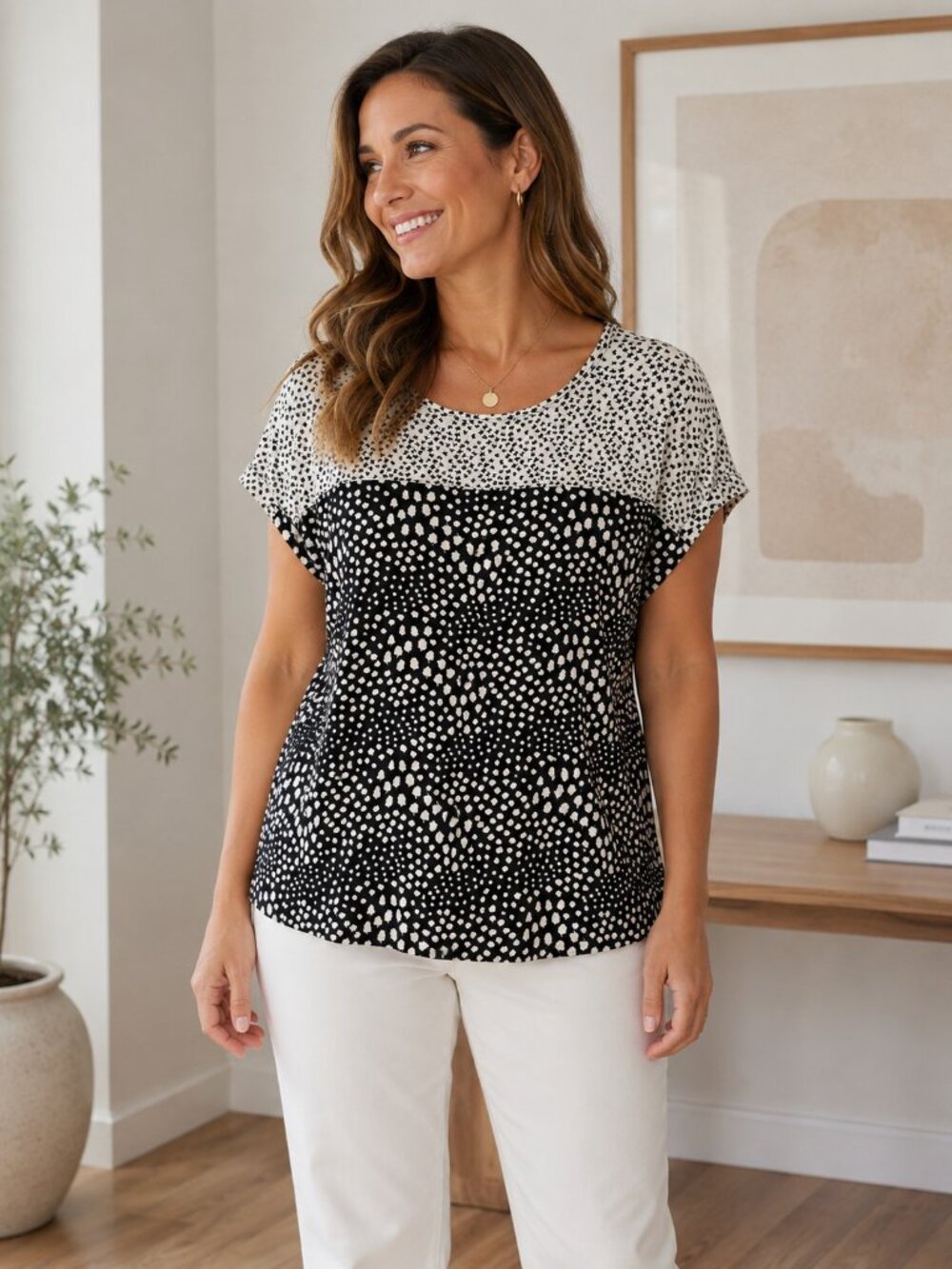 GAP Black White Mixed Dot Print Top Women's Large Cotton Modal Casual Chic